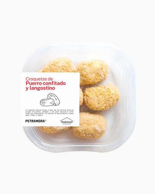 Croquetas de puerro confitado y langostino