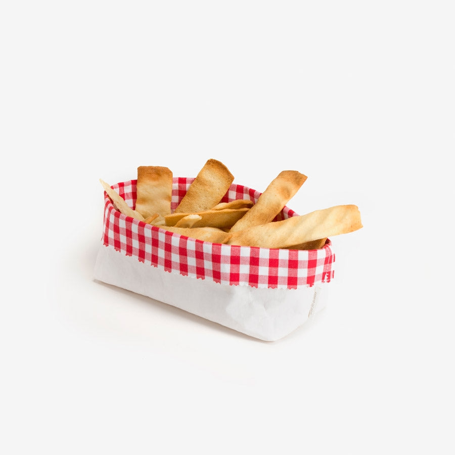 Cesta para grissini blanca con tela de picnic